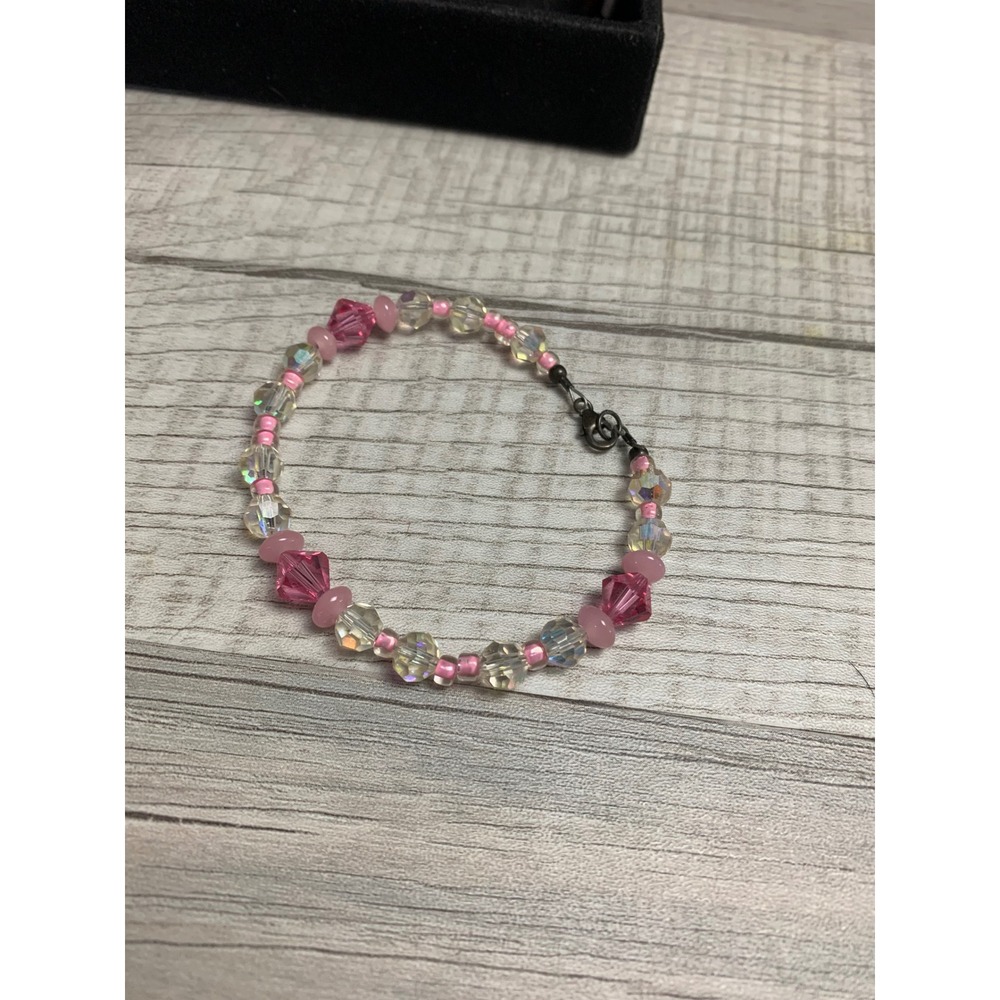 Handmade Pink Iridescent Crystal Beaded Bracelet 6 Inch Lobster Clasp 3358